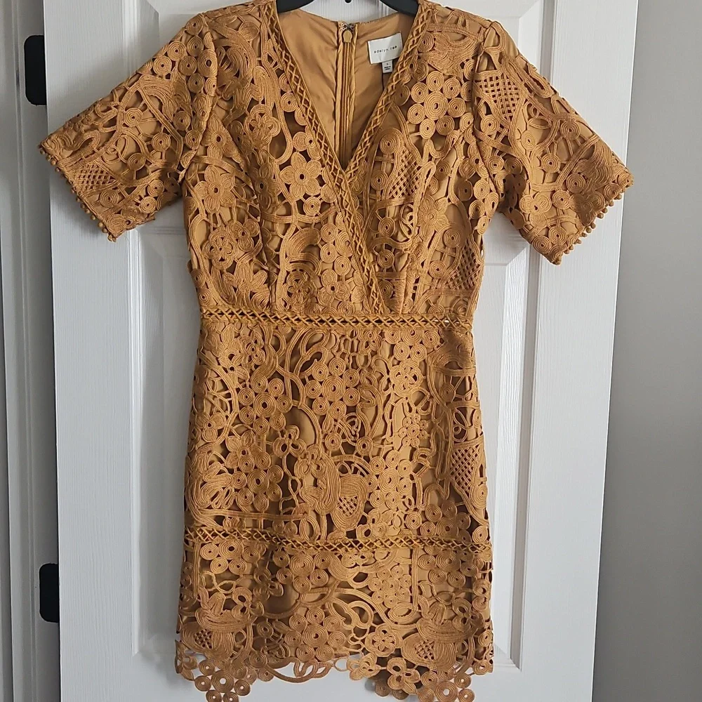 Adelyn Rae Lace V-neck Short Sleeve Sheath Mini Dress: Color- Mustard - Picture 3 of 11